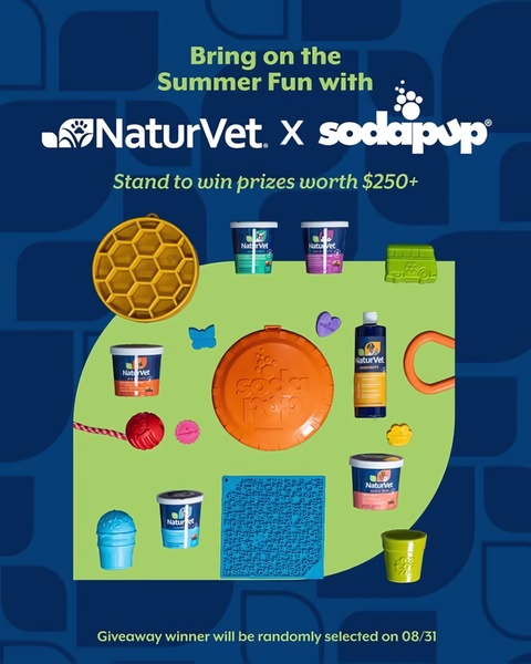 A high-visibility giveaway ad featuring a curated collection of pet supplies and supplements arranged on a clean background.